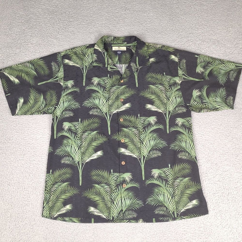 Tommy Bahama Shirt Mens Large‎ Black Palm Button Up Hawaiian 100% Silk Camp